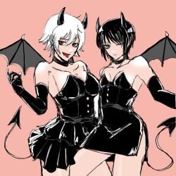 2girls big_breasts black_dress black_gloves black_hair breast_size_difference canon_genderswap choker demon_girl demon_horns demon_tail demon_wings dress elbow_gloves expressionless female female_only genderswap_(mtf) ginko_sakata gintama gloves green_eyes horns kusaka_93 looking_at_viewer one_eye_closed pink_background red_eyes rule_63 short_hair simple_background small_breasts smile succubus succubus_horns succubus_tail succubus_wings takasugi_shinsuke tongue_out white_hair