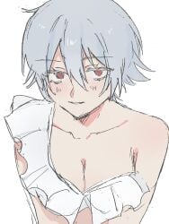 00pt canon_genderswap cleavage colored_sketch female female_only genderswap_(mtf) ginko_sakata gintama gintoki_sakata light_blue_hair looking_at_viewer off_shoulder red_eyes rule_63 short_hair sketch solo upper_body white_hair