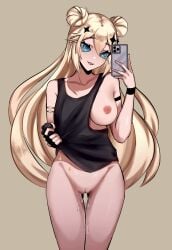 1girls areola big_breasts blonde_hair blue_eyes breasts double_bun exposed_pussy female female_only kaneko_lumi light-skinned_female light_skin looking_at_phone nipple phase_connect phase_invaders phone pussy selfie silvadoesart smartphone solo virtual_youtuber wet_pussy