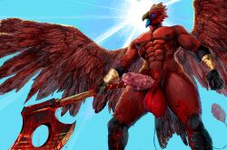 anthro avian axe balls big_balls big_penis blood bodily_fluids european_mythology executioner genitals greek_mythology jeffusherb light male mythological_avian mythological_firebird mythology penis phoenix solo sunlight xjal