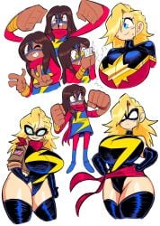 2girls age_difference big_breasts big_hands captain_marvel carol_danvers curvaceous curvy curvy_female dark-skinned_female female female_only hands_on_hips huge_breasts jacket kamala_khan large_breasts leotard light-skinned_female marvel marvel_comics mask ms._marvel ms._marvel_(carol_danvers) ms._marvel_(kamala_khan) stretchy_arms superheroine theguywhodrawsalot thick_thighs thigh_high_boots thighhighs voluptuous_female wide_hips