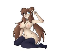 1girls areolae blue_eyes breasts broomsdoodles brow brown_hair female female_only full_body long_hair naked naked_female nipples nude nude_female peace_sign pokemon rosa_(pokemon) smile solo solo_female thighhighs v v_sign