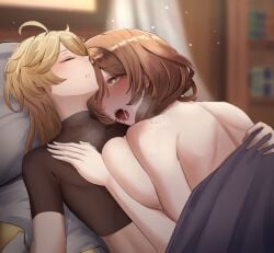 1boy 1girls aether_(genshin_impact) after_sex ahe_gao ahoge alternate_breast_size bedroom big_breasts black_shirt blonde_hair blush breast_press breasts brown_hair closed_eyes cuddling genshin_impact green_eyes hans-kun heart-shaped_pupils hickey huge_breasts indoors large_breasts light-skinned_male light_skin light_skinned_female lisa_(genshin_impact) long_hair male_protagonist nude nude_female on_bed open_mouth pillow saliva shiny_hair shiny_skin sideboob sleeping straight tongue under_covers