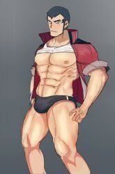 bara blush bulge male male_only muscles muscular nintendo norman_(pokemon) pokemon scruffley shirt_up solo solo_male