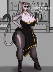 anthro big_breasts boots breasts cleavage dress eyeshadow female grey_eyes jigglephysics pantyhose piercing thick_thighs wide_hips yvette_(jigglephysics)