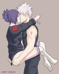 1boy 1girls boyfriends_shirt carrying carrying_partner female hand_on_ass hatake_kakashi holding_partner kissing kneesocks male male/female mitarashi_anko naruto naruto_(series) naruto_shippuden stockings straight