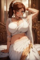 ai_generated armpits azuma_hisato big_breasts bindi blush brown_hair chubby cleavage harem_outfit himawari_wa_yoru_ni_saku huge_breasts indian_clothes jewelry milf navel ponytail sari sitting stable_diffusion very_high_resolution voluptuous