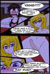 1futa 1girls 2020 ahoge areolae big_breasts big_penis black_hair blonde_hair bottomless breasts burplenurpless clothed clothing comic dialogue duo embarrassed english_text erection female futa_with_female futanari half-sisters half_siblings human imminent_sex incest intersex light-skinned_female light-skinned_futa light_skin long_hair mostly_nude nipples partially_clothed penis ruby_rose rwby short_hair siblings sisters text yang_xiao_long
