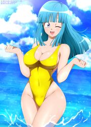 1girls big_breasts blue_eyes blue_hair breasts canonical_scene cleavage dragon_ball dragon_ball_z female female_only hair hips huge_breasts iharuluna_(artist) long_hair maron one-piece_swimsuit one_eye_closed smile solo solo_female swimsuit swimwear thighs wide_hips wink winking yellow_swimsuit