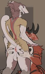 allanthesergal52_(artist) allanthesergal52_(character) anthro anus ass balls bodily_fluids cum cum_on_face demon duo fellatio fur genital_fluids genitals hand_on_butt hi_res horn kneeling male male/male multicolored_body muscular nude open_mouth oral penile raised_tail sergal sex spread_butt spreading tail tongue tongue_out