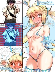 1boy 1girls @_@ animal_ears areola_slip areolae artoria_caster_(fate) artoria_caster_(swimsuit)_(fate) artoria_pendragon_(caster) bikini blonde_hair blush breasts bulge bunny_ears comic comic_page covered_nipples cute_fang ebora elbow_gloves embarrassed english_text erection_under_clothes fake_animal_ears fate/grand_order fate_(series) female fujimaru_ritsuka_(male) gloves micro_bikini standing tagme thighhighs thighs thumbs_up youngmanisdown