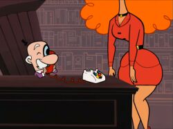 accurate_art_style ass belt chair curly_hair edit edited edited_screencap head_out_of_frame hips hips_wider_than_shoulders long_neck male mayor_mayor miss_bellum necklace orange_hair phone powerpuff_girls red_dress red_hair red_suit sara_bellum screencap screenshot screenshot_edit secretary self_upload thick thick_ass thick_thighs thin_waist wide_hips yetig