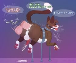 anal anal_sex anatomically_correct anatomically_correct_genitalia anatomically_correct_penis animal_genitalia animal_penis anus ball_gag balls blush bodily_fluids breeding_stand brown_body brown_fur cum cum_in_ass cum_inside cumshot dialogue domestic_cat duo ejaculation ejaculation_while_penetrated erection felid feline felis feral feral_penetrated fur gag gay gay_sex genital_fluids genitals hands-free hi_res human human_on_feral human_penetrating human_penetrating_feral humanoid_genitalia humanoid_penis interspecies male male/male mammal mr._blue_(artist) pawpads paws penetration penis restrained restraints saliva saliva_string scotty_(mr._blue) sex speech_bubble white_body white_fur zoophilia