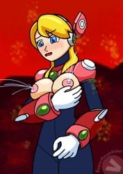 alia android areolae armor armored_female blonde_hair blue_eyes blush bodysuit breasts_out capcom female lactating lactation large_breasts mega_man mega_man_x milk milk_squirt nipples pink_armor robot robot_girl robot_humanoid roughrider solo solo_female white_gloves