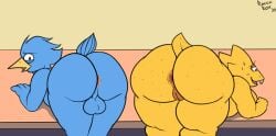 alphys anthro anus ass avian backsack balls beak bent_over berdly big_anus big_butt bird blue_balls blue_body blue_feathers blue_perineum blush blush_lines bodily_fluids breasts bubble_butt buckteeth butt_focus cellulite dark_anus deltarune desk duo embarrassed eyelashes feather_tuft feathers female fingers freckles furniture genitals head_tuft hi_res huge_butt inside looking_at_viewer looking_back narrowed_eyes nervous nude open_mouth open_smile overweight overweight_anthro overweight_female perineum pink_anus plump_labia presenting presenting_hindquarters pussy reptile roccorox scalie short_tail signature simple_background smile sweat sweatdrop table tail tail_feathers take_your_pick teeth thick_thighs tongue tuft undertale_(series) yellow_beak yellow_body yellow_pussy yellow_skin