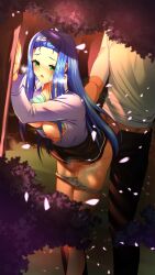 1boy black_panties black_skirt blue_hair bow_hairband bra bra_lift breasts censored cherry_blossoms clothes_lift doukyuusei_another_world dress_shirt female green_eyes grey_panties hairband kakyuusei leaning_forward long_hair medium_breasts miniskirt mosaic_censoring nipples open_clothes open_fly open_mouth open_shirt outdoors panties panty_pull polka_dot polka_dot_bra purple_shirt sex sex_from_behind shirt skirt skirt_lift solo_focus standing standing_sex straight striped striped_hairband underwear very_long_hair white_shirt yamashita_minatsu