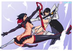 2girls arm_length_gloves ass ass_cleavage boots catfight female female_only fighting gloves junketsu kill_la_kill kiryuuin_satsuki matoi_ryuuko multiple_girls senketsu sibling_rivalry sideboob skimpy skimpy_clothes skirt sword swords thigh_high_boots thighhighs unconvincing_armor weapon weapons xamrock