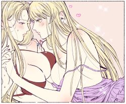 2girls big_breasts bikini blonde_hair blue_nails blush breast_press cleavage dual_persona eye_contact female female_only genderswap_(mtf) gintama green_eyes interlocked_fingers lesbian long_hair looking_at_another nail_polish nikaidou off_shoulder red_eyes red_nails rule_63 selfcest sweat utsuro_(gintama) yoshida_shouyo yuri