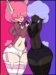 2boys anthro blue_hair bottom_heavy bunny_ears caprine dark-skinned_male femboy gay pink_hair sheep slinkmayker stockings