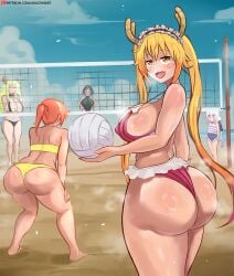 5girls arachnart ass beach beach_volleyball big_ass big_breasts big_butt bikini breasts dat_ass elma_(dragon_maid) female horny kanna_kamui kobayashi light-skinned_female miss_kobayashi's_dragon_maid quetzalcoatl_(dragon_maid) small_breasts thick_thighs tohru_(dragon_maid) volleyball volleyball_net