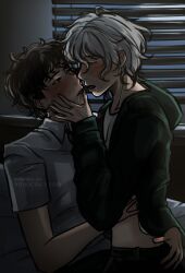 2boys bed bedroom blush brown_eyes brown_hair caressing_face danganronpa danganronpa_2:_goodbye_despair drooling eye_contact gay grey_eyes hinata_hajime kissing male male_only meiwaku.art messy_hair nagito_komaeda saliva straight_hair tongue tongue_out twink waist waist_grab white_hair yaoi