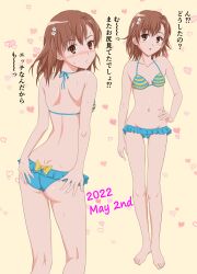 1girls 2020s 2022 :< :o ass ass_visible_through_thighs bare_back bare_legs bare_shoulders barefoot bikini blush breasts brown_eyes brown_hair brunette butt_crack collarbone dated embarrassed female flower frilled_bikini frills full_body gluteal_fold hair_flower hair_ornament hands_on_own_ass heart hi_res japanese_text looking_at_viewer looking_back matching_hair/eyes misaka_mikoto multiple_views mutsuki_kurumi navel official_alternate_costume open_mouth short_hair shoulder_blades small_breasts solo standing striped striped_bikini sweat swimsuit teenage_girl teenager thighs to_aru_kagaku_no_railgun to_aru_majutsu_no_index toes yellow_background young