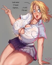 1girls 2023 big_breasts bleach bleach:_the_thousand-year_blood_war blonde_hair blue_eyes english_text female female_only grey_background hi_res imminent_wardrobe_malfunction leaning_on_hand looking_at_viewer mai_arti matsumoto_rangiku medium_hair miniskirt mole mole_under_mouth open_mouth school_uniform smiling smiling_at_viewer solo text thick_thighs tight_clothing v_sign wide_eyed