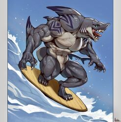 abs ariswuffo male muscles muscular muscular_male shark surfboard surfing water