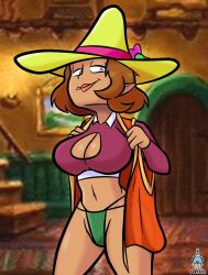 1girls arpagos_egg_girl_(zelda) brown_hair cd-i cleavage cleavage_cutout clothing cowboy_shot feetfish female hair hat hungry_girl_(zelda) indoors looking_at_viewer navel nintendo panties purple_eyes the_legend_of_zelda the_legend_of_zelda_(cd-i) undressing video_games wand_of_gamelon