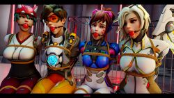 3d 4girls algoid angela_ziegler arms_behind_back ball_gag blizzard_entertainment bondage captured captured_heroine clothed clothed_female d.va damsel_in_distress gag gagged hana_song kiriko_(overwatch) lena_oxton mercy orange-tinted_eyewear overwatch rope_bondage rope_harness seated sfm tinted_eyewear tracer visor