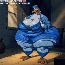 4k ai_generated ass bbw big_butt blonde_hair blue_dress chicken cleavage disney dress highres holding_breast lady_kluck large_breasts matronai_(artist) mature mature_female old old_woman overweight overweight_female pinup robin_hood_(disney) ssbbw stable_diffusion wide_hips