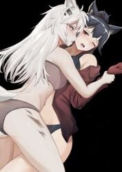 2023 2girls animal_ears arknights black_hair blush bra hi_res kemonomimi kissing krirk lappland_(arknights) light-skinned_female light_skin long_hair naked nude panties simple_background texas_(arknights) underwear white_hair wolf_ears wolf_girl wolf_tail yuri