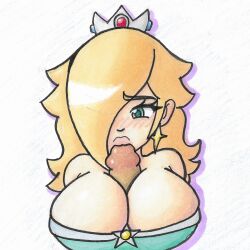 bare_shoulders blonde_hair blushing boobjob brownpidgeon crown earrings large_breasts mario_(series) paizuri penis princess_rosalina sucking_penis titjob