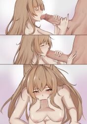 1boy 1boy1girl 1girls 2023 animal_ears arknights blowjob blush breasts brown_eyes brown_hair ceobe_(arknights) cum dog_ears dog_girl dog_tail hi_res kemonomimi krirk light-skinned_female light_skin long_hair naked nipples nude simple_background sucking_penis