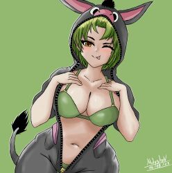 1girls animal_hood animal_tail artist_name artist_signature big_breasts big_chest bra brown_eyes burrita colombian donkey donkey_girl donkey_hood donkey_tail female female_focus fingerless_gloves green_bra green_nails green_panties hand_over_breast hispanic hispanic_virtual_youtuber indie_virtual_youtuber latam_virtual_youtuber light-skinned_female light_skin mulyshav one_eye_closed panties ryumi ryumivt short_hair signature smile smiling solo solo_female tongue_out twitch twitch.tv virtual_youtuber vtuber yellow_eyes youtube youtube_hispanic zipper zipper_down