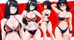 2girls ass big_breasts bikini black_bikini black_hair blue_hair echosaber female female_only green_eyes human humanoid junketsu kill_la_kill kiryuuin_satsuki light-skinned_female light_skin looking_at_viewer looking_away looking_back matoi_ryuuko multiple_girls red_background red_fur senketsu serious_look sisters