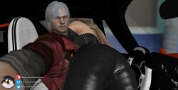 3d ass_focus bending_over big_butt black_leather black_leather_corset black_pants blonde_female car dante devil_may_cry drive-thru fat_ass female he_wants_to_order she_wants_to_order trish_(devil_may_cry)