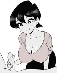 1boy 1boy1girl 1girls 2023 adult adult_female big_breasts black_eyes black_hair blush breasts cleavage female fur handjob heart heart-shaped_pupils huge_breasts komi-san_wa_komyushou_desu komi_shuuko large_breasts licking_lips looking_at_penis looking_down male male/female masturbation mature_female milf mother one-handed_masturbation penis penis_out realistic_penis_size shiny_breasts short_hair smile smiling smiling_at_penis tongue tongue_out unseen_male_face