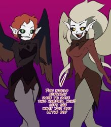 black_eyes claws dialogue disney eda_clawthorne evil_raccoon fangs harpy harpy_humanoid lilith_clawthorne long_hair milf miniskirt pointy_ears red_hair seductive seductive_eyes seductive_smile short_hair sisters solo_female the_owl_house twins wide_hips wings yellow_eyes