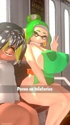 1boy 1girls 3d ana_margarita_de_la_beef big_breasts breasts_bigger_than_head connor_walker_(leviantan581re) curvy dark-skinned_male green_hair huge_breasts imminent_sex inkling inkling_boy inkling_girl leviantan581re light-skinned_female milf mother_and_son nintendo oc original_character partially_clothed peace_sign seductive size_difference spanish_text splatoon tentacle_hair thick_thighs voluptuous