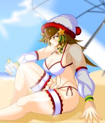 1girls arm_on_knee beach bell bell_collar belly bikini bikini_bottom bikini_top blush bow breasts brown_eyes brown_hair collar collarbone cup female half-closed_eyes highres holding_object ice kuu_(battle_cats) kuu_chaz7hu3hp5 large_breasts long_hair looking_away muscular muscular_female ocean red_and_white ribbon shiny_breasts shiny_hair shiny_skin shoulders sitting star sunbeam sweat the_battle_cats thick_thighs thigh_strap thighs umbrella white_female winter_hat wristwear