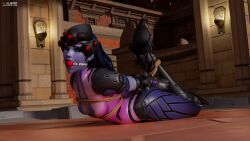 1girls 3d algoid amelie_lacroix ball_gag bondage bound breasts clothed_female defeated female gag gagged hogtie looking_at_viewer overwatch purple_body rope_bondage solo widowmaker