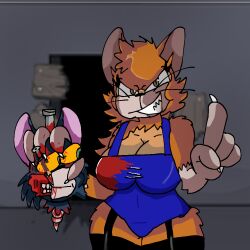 blood blue_clothing breasts cat_humanoid disembodied_head fnf_mods friday_night_funkin lightning_cat murder orange_fur rule_63 simple_background the_basement_show_(fnf) tom_and_jerry tom_cat tuffythechileanrat_(artist) what