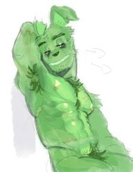 2023 abs absurd_res anthro areola armpit_hair biceps bodily_fluids body_hair breath digital_media_(artwork) eyebrows facial_scar five_nights_at_freddy's five_nights_at_freddy's_3 fur genitals green_body green_fur hi_res kogito lagomorph leporid male male_only mammal muscular muscular_anthro muscular_male navel nipples pecs penis pinup pose pubes rabbit scar scottgames sitting solo springtrap springtrap_(fnaf) sweat teeth