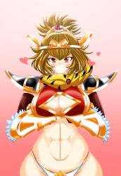 1girls arms_under_breasts belly blush breasts brown_eyes bulging_breasts crown female gold_crown gold_gloves hair_ornament heart hi_res highres kuu_(battle_cats) kuu_chaz7hu3hp5 large_breasts light-skinned_female light_skin long_gloves looking_at_viewer medium_hair metal_gloves muscular muscular_female panties panty_peek pink_background ponytail scarf shoulder_pads the_battle_cats thick_thighs thighs valentine valentine's_day visible_breath waist_up white_panties