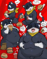 absurd_res anthro atlus belly big_belly black_body black_fur blue_eyes blush burger cricketkisses eating fast_food feedee feeder feederism felid feline food freshly_uprooted fur genitals growth hi_res male mammal megami_tensei megami_tensei_persona moobs morgana_(persona) open_mouth overweight penis persona persona_5 sega slightly_chubby small_penis solo weight_gain