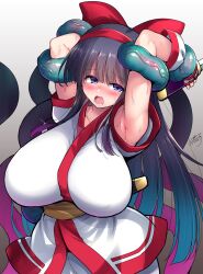 1girls ainu_clothes armpits arms_behind_head big_breasts blue_eyes blush breasts busty c.r. female female_only fingerless_gloves gloves hair_ribbon highres king_of_fighters legs long_hair medium_breasts moaning molestation nakoruru open_mouth pants purple_hair ribbon samurai_shodown snk tentacle thighs voluptuous weapon