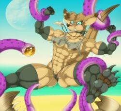 abs beach blue_eyes blush breasts by_the_book captured fur furry g-string muscular muscular_female necklace nipple space_goblin tan_fur tentacle tentacle tentacles_around_legs thong