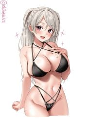 alternate_costume bare_shoulders bikini black_bikini blush breasts collarbone conte_di_cavour_(kantai_collection) criss-cross_halter cropped_legs ebifurya female female_only grey_hair groin hair_between_eyes halterneck hand_on_own_chest hand_up highleg highleg_bikini highres kantai_collection large_breasts long_hair looking_at_viewer multi-strapped_bikini navel o-ring o-ring_bikini one-hour_drawing_challenge open_mouth parted_bangs purple_eyes simple_background skindentation smile solo sparkle stomach swimsuit thighs twitter_username two_side_up white_background