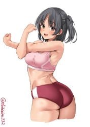 alternate_costume ass bare_shoulders black_hair blush breasts brown_eyes buruma cowboy_shot cropped_legs ebifurya female female_only from_behind highres kantai_collection looking_at_viewer medium_breasts medium_hair midriff nagara_(kantai_collection) one-hour_drawing_challenge open_mouth pink_sports_bra red_buruma simple_background smile solo sports_bra stretching twitter_username underbutt white_background